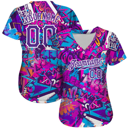 Custom Graffiti Words Pattern White-Purple 3D Authentic Baseball Jersey - Sky-Custom