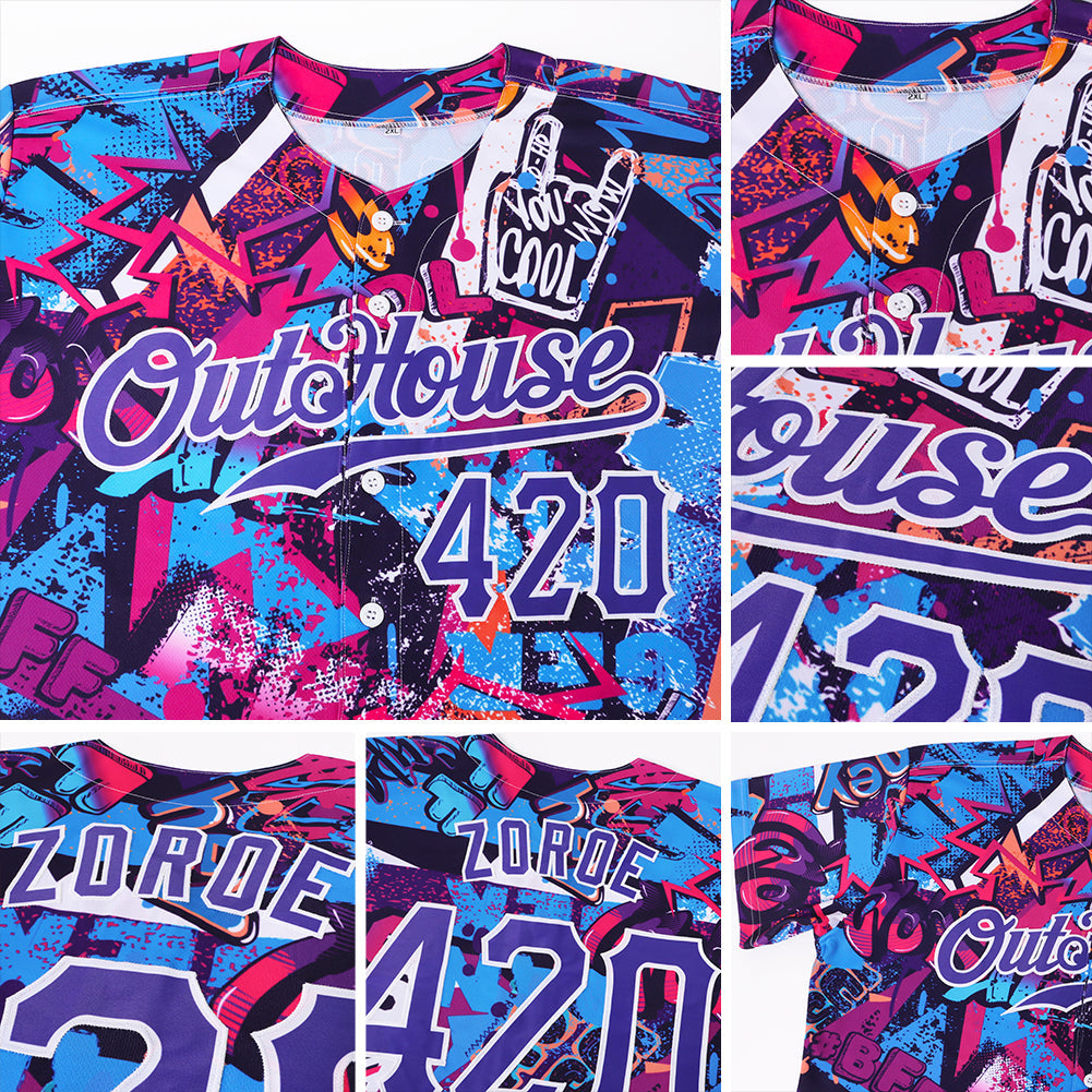 Custom Graffiti Words Pattern White-Purple 3D Authentic Baseball Jersey - Sky-Custom