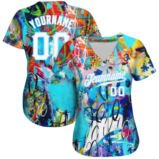 Custom Abstract Graffiti White-Light Blue 3D Authentic Baseball Jersey - Sky-Custom
