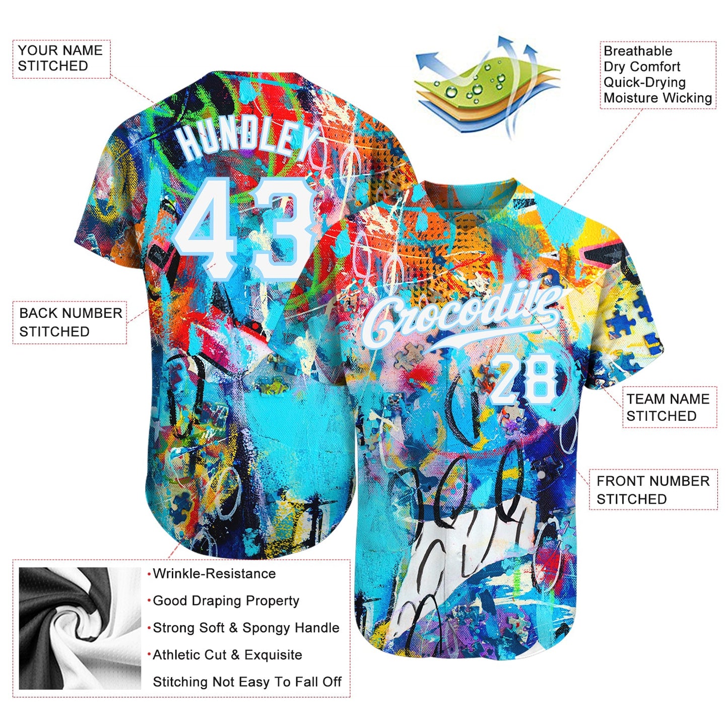 Custom Abstract Graffiti White-Light Blue 3D Authentic Baseball Jersey - Sky-Custom