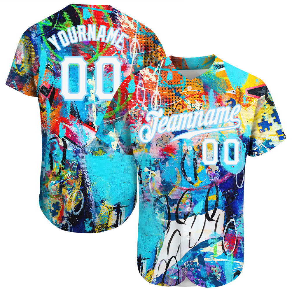 Custom Abstract Graffiti White-Light Blue 3D Authentic Baseball Jersey - Sky-Custom