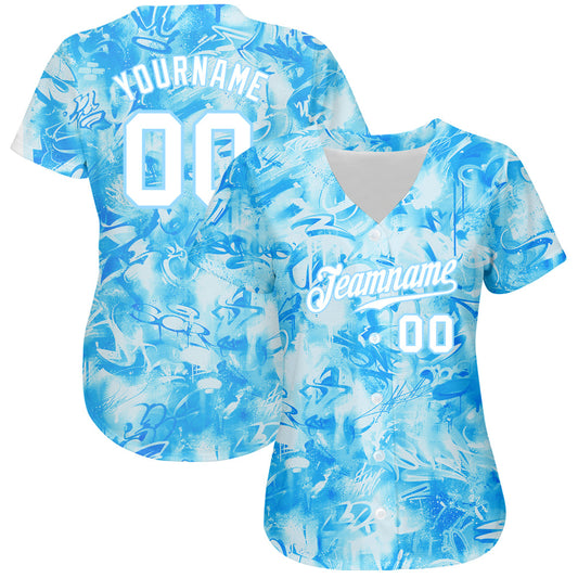 Custom Scratch Graffiti Pattern White-Light Blue 3D Authentic Baseball Jersey - Sky-Custom