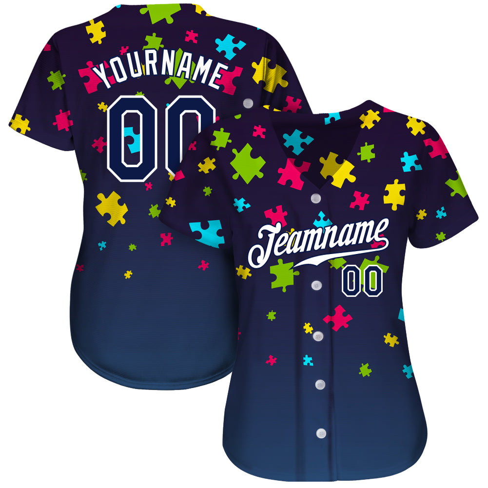 Custom Autism Awareness Puzzle Pieces Navy-White 3D Authentic Baseball Jersey - Sky-Custom
