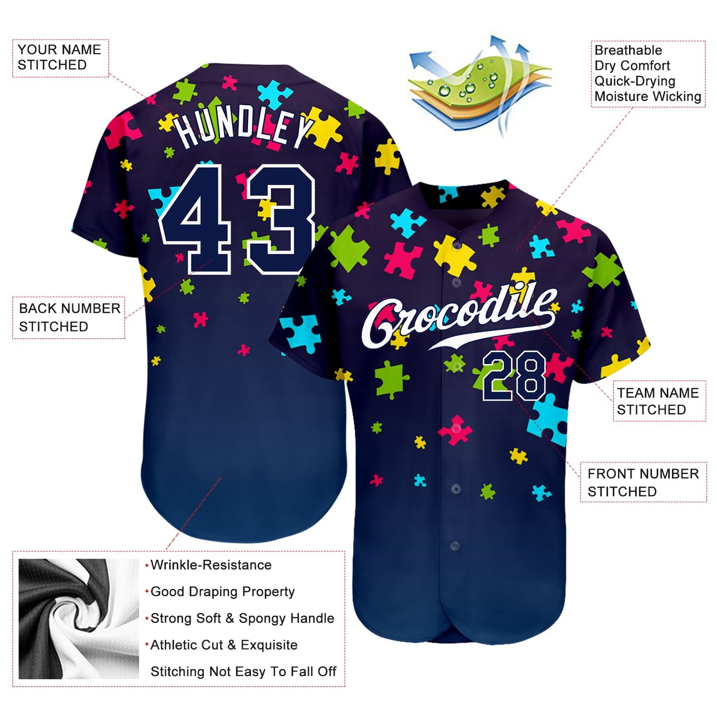 Custom Autism Awareness Puzzle Pieces Navy-White 3D Authentic Baseball Jersey - Sky-Custom