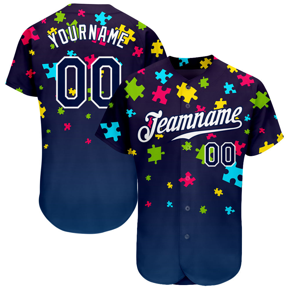 Custom Autism Awareness Puzzle Pieces Navy-White 3D Authentic Baseball Jersey - Sky-Custom