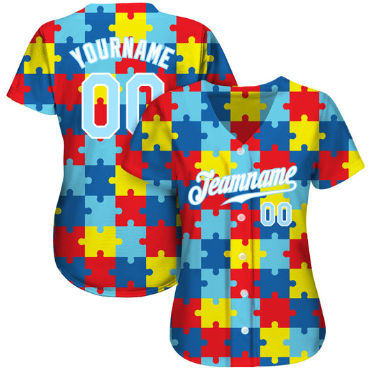 Custom Autism Awareness Puzzle Pieces Light Blue-White 3D Authentic Baseball Jersey - Sky-Custom