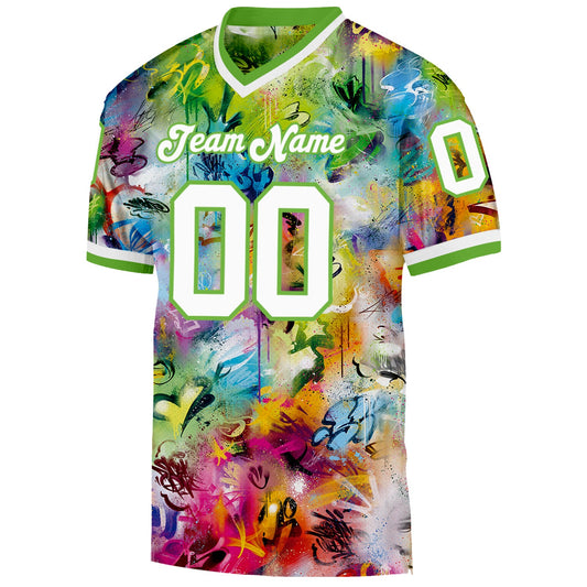 Custom Graffiti Pattern White-Neon Green 3D Mesh Authentic Throwback Football Jersey - Sky-Custom