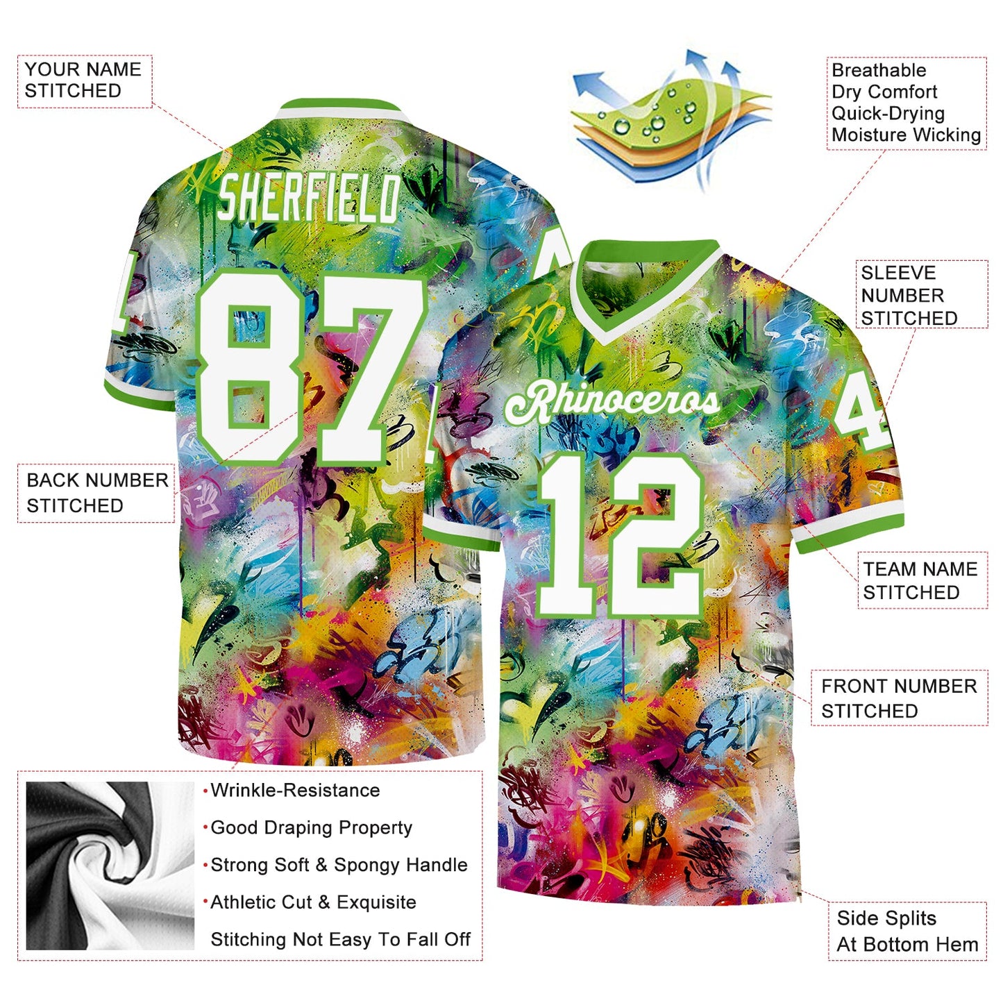 Custom Graffiti Pattern White-Neon Green 3D Mesh Authentic Throwback Football Jersey - Sky-Custom