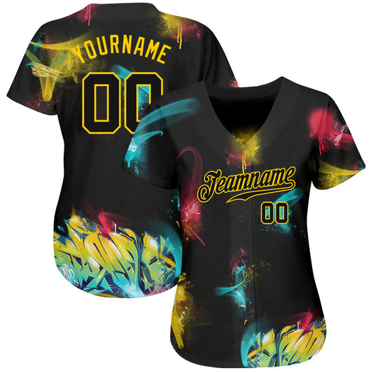 Custom Graffiti Pattern Black-Gold 3D Authentic Baseball Jersey - Sky-Custom