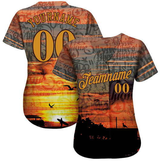 Custom Graffiti Pattern Gold-Brown 3D Beach Authentic Baseball Jersey - Sky-Custom