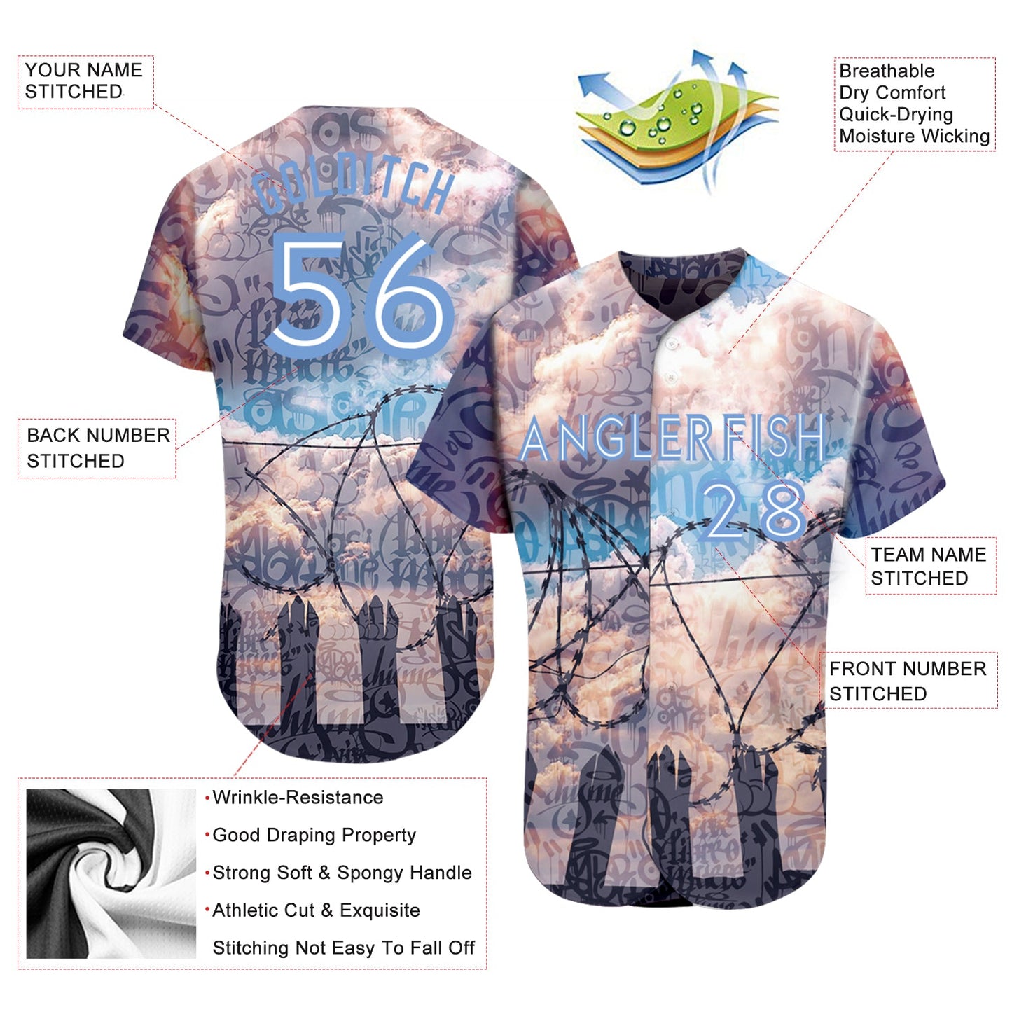 Custom Graffiti Pattern Light Blue-White 3D Freedom Authentic Baseball Jersey - Sky-Custom