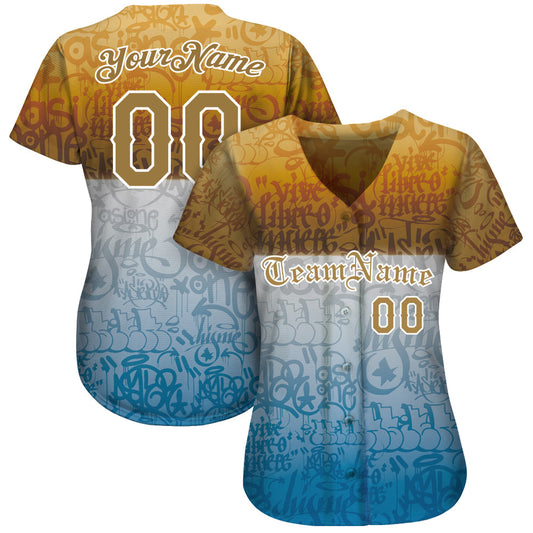 Custom Graffiti Pattern Gold-White 3D Chicano Authentic Baseball Jersey - Sky-Custom