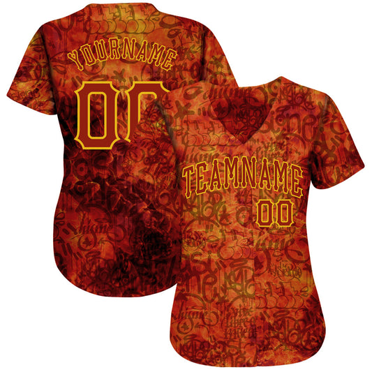 Custom Graffiti Pattern Red-Gold 3D Fire Authentic Baseball Jersey - Sky-Custom
