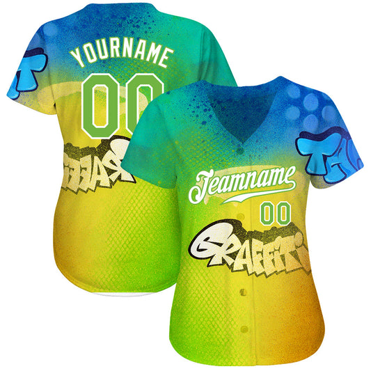 Custom Graffiti Pattern Neon Green-White 3D Authentic Baseball Jersey - Sky-Custom