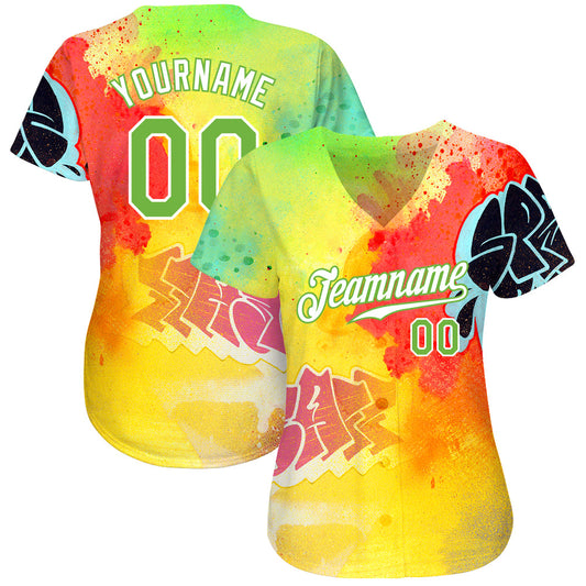 Custom Graffiti Pattern Neon Green-White 3D Authentic Baseball Jersey - Sky-Custom