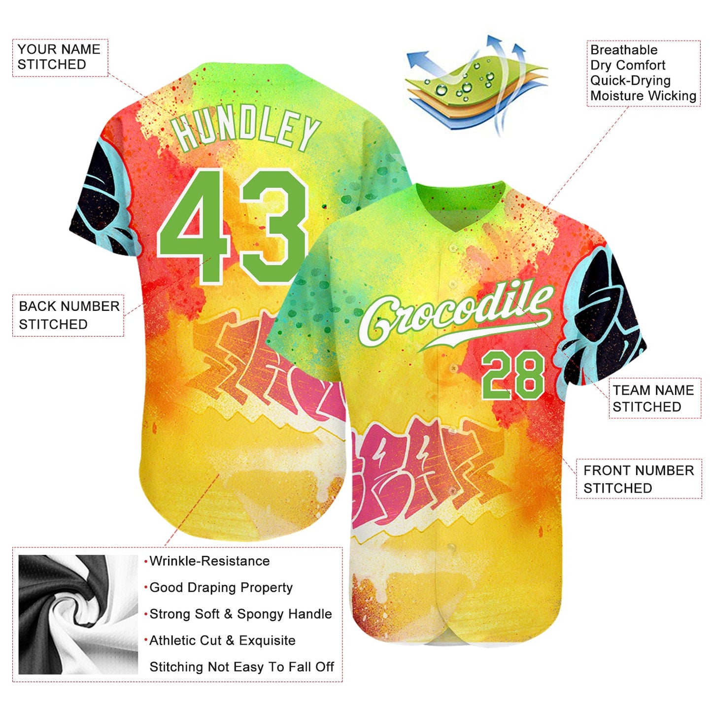 Custom Graffiti Pattern Neon Green-White 3D Authentic Baseball Jersey - Sky-Custom