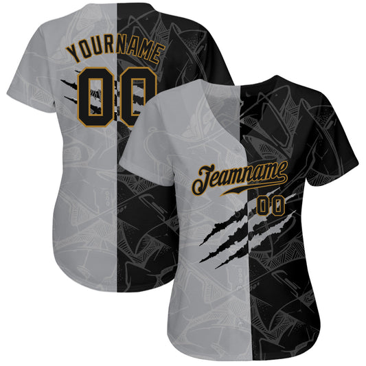 Custom Graffiti Pattern Black-Old Gold 3D Authentic Baseball Jersey - Sky-Custom