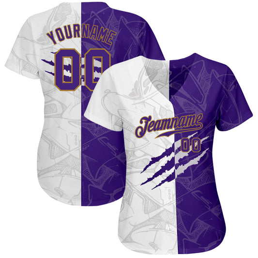 Custom Graffiti Pattern Purple-Old Gold 3D Authentic Baseball Jersey - Sky-Custom