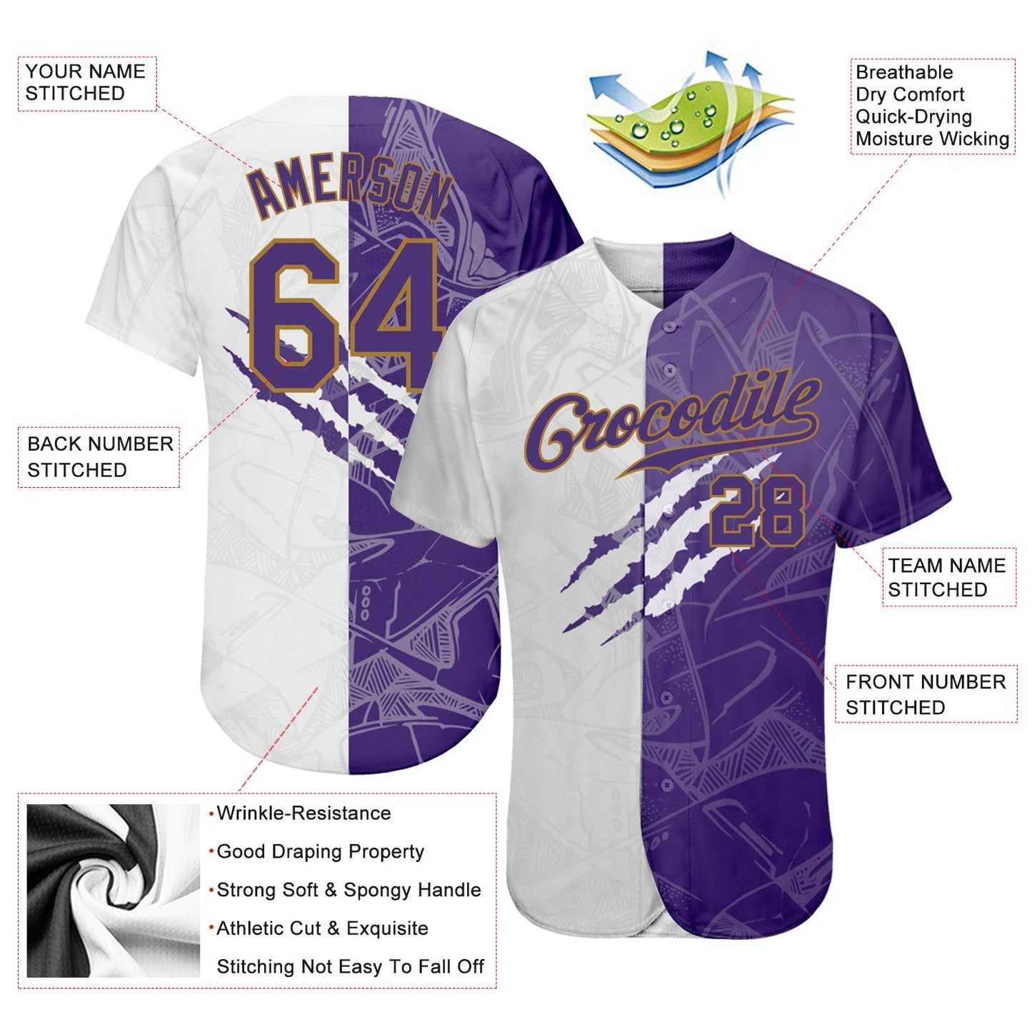 Custom Graffiti Pattern Purple-Old Gold 3D Authentic Baseball Jersey - Sky-Custom