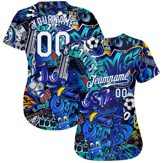Custom Graffiti Pattern White-Royal 3D Authentic Baseball Jersey - Sky-Custom