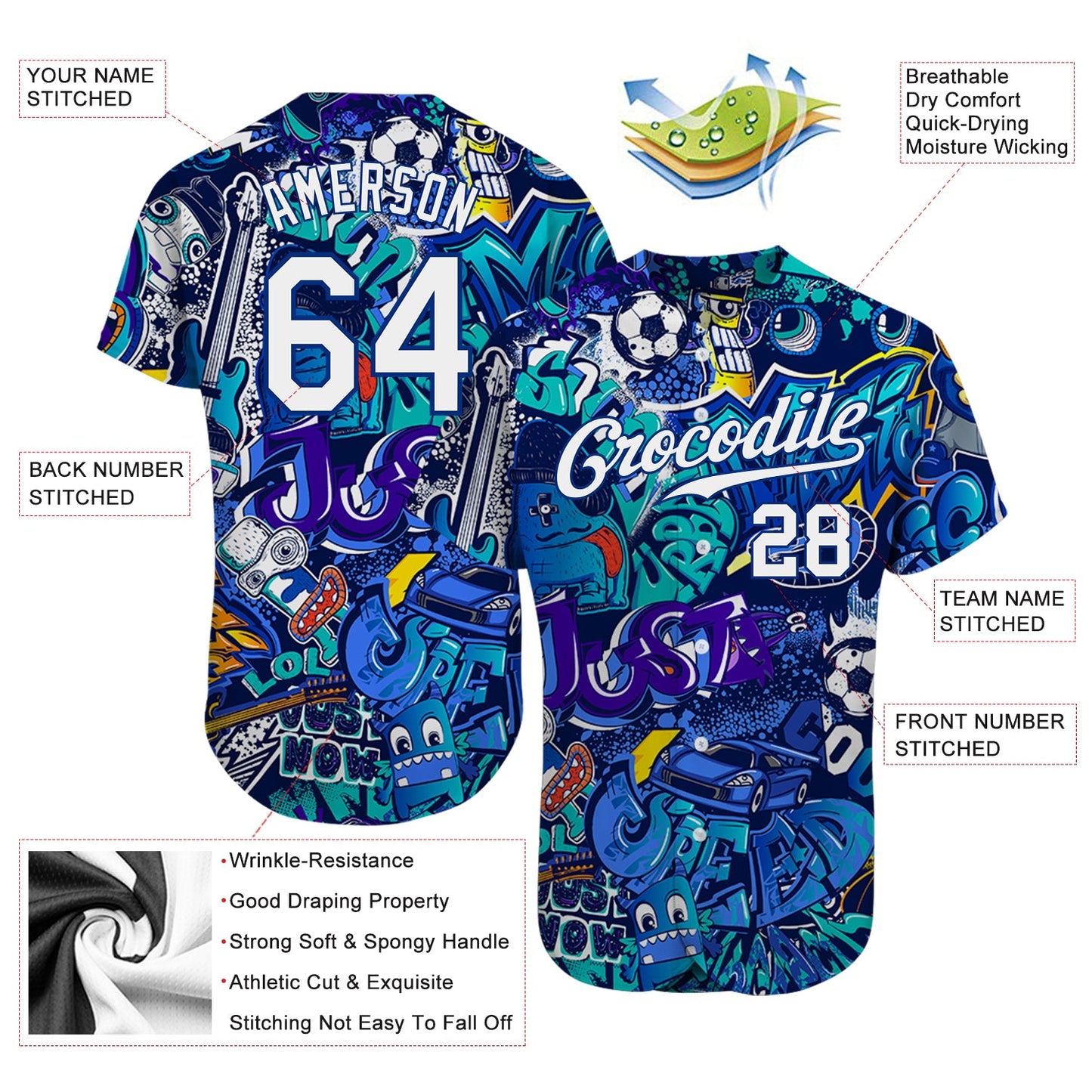 Custom Graffiti Pattern White-Royal 3D Authentic Baseball Jersey - Sky-Custom