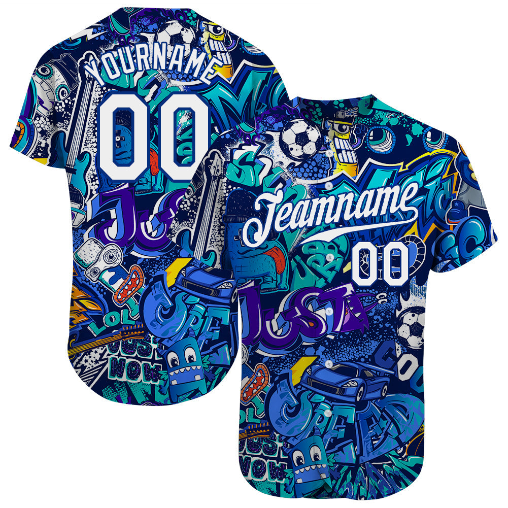Custom Graffiti Pattern White-Royal 3D Authentic Baseball Jersey - Sky-Custom