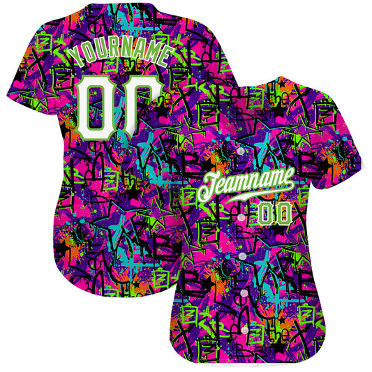 Custom Graffiti Pattern White-Neon Green 3D Authentic Baseball Jersey - Sky-Custom