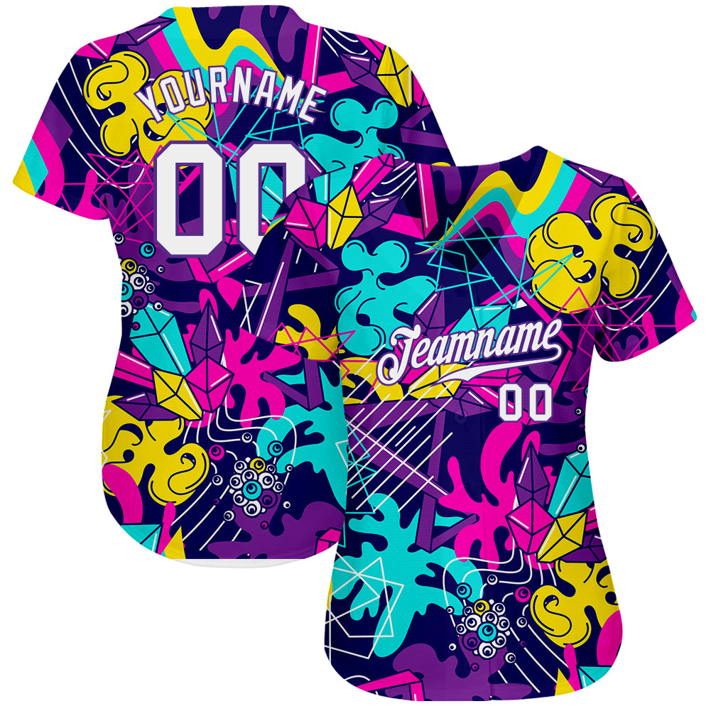 Custom Graffiti Pattern White-Purple 3D Authentic Baseball Jersey - Sky-Custom