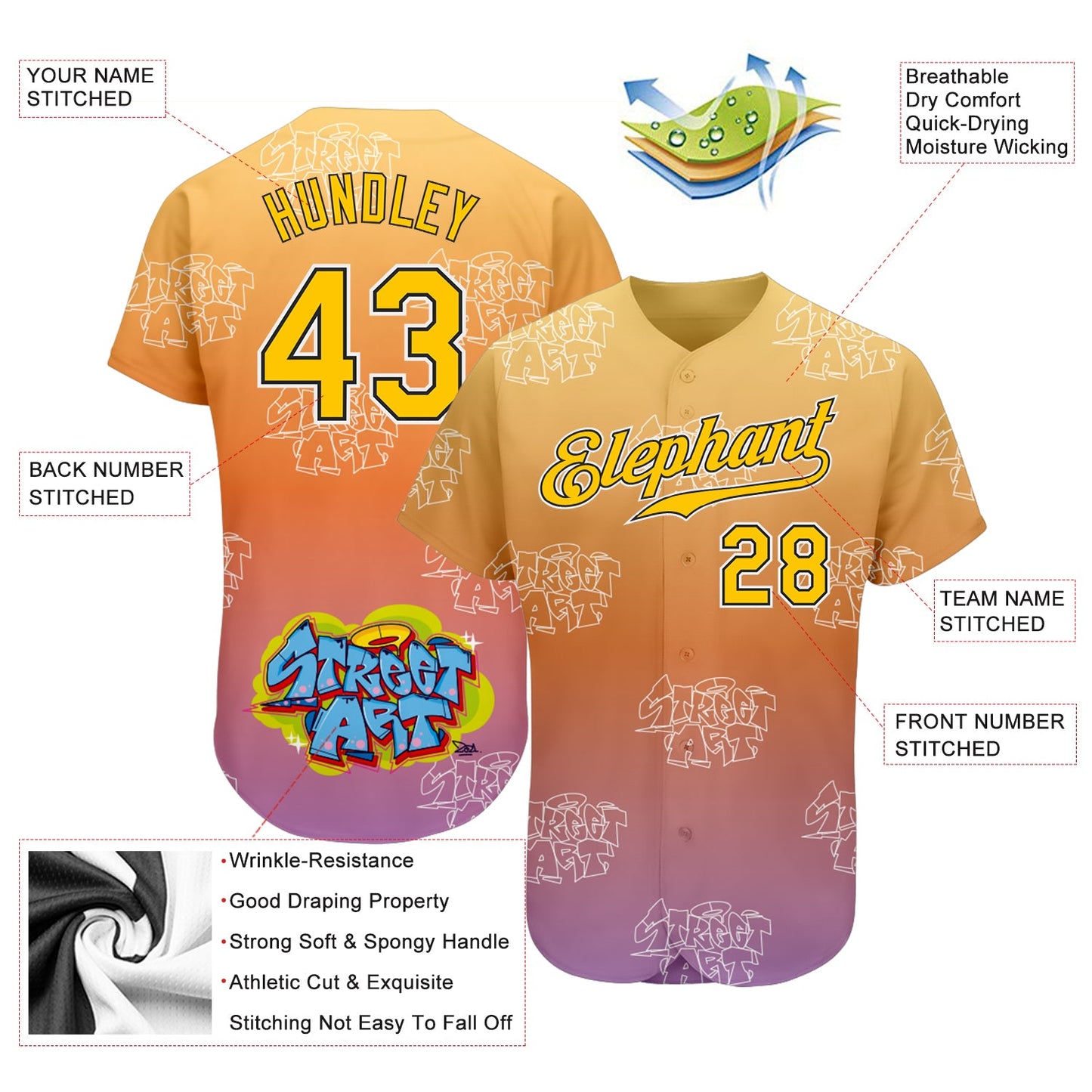 Custom Graffiti Pattern Gold-Black 3D Authentic Baseball Jersey - Sky-Custom