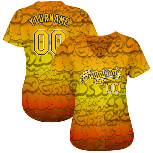Custom Graffiti Pattern Gold-Black 3D Authentic Baseball Jersey - Sky-Custom
