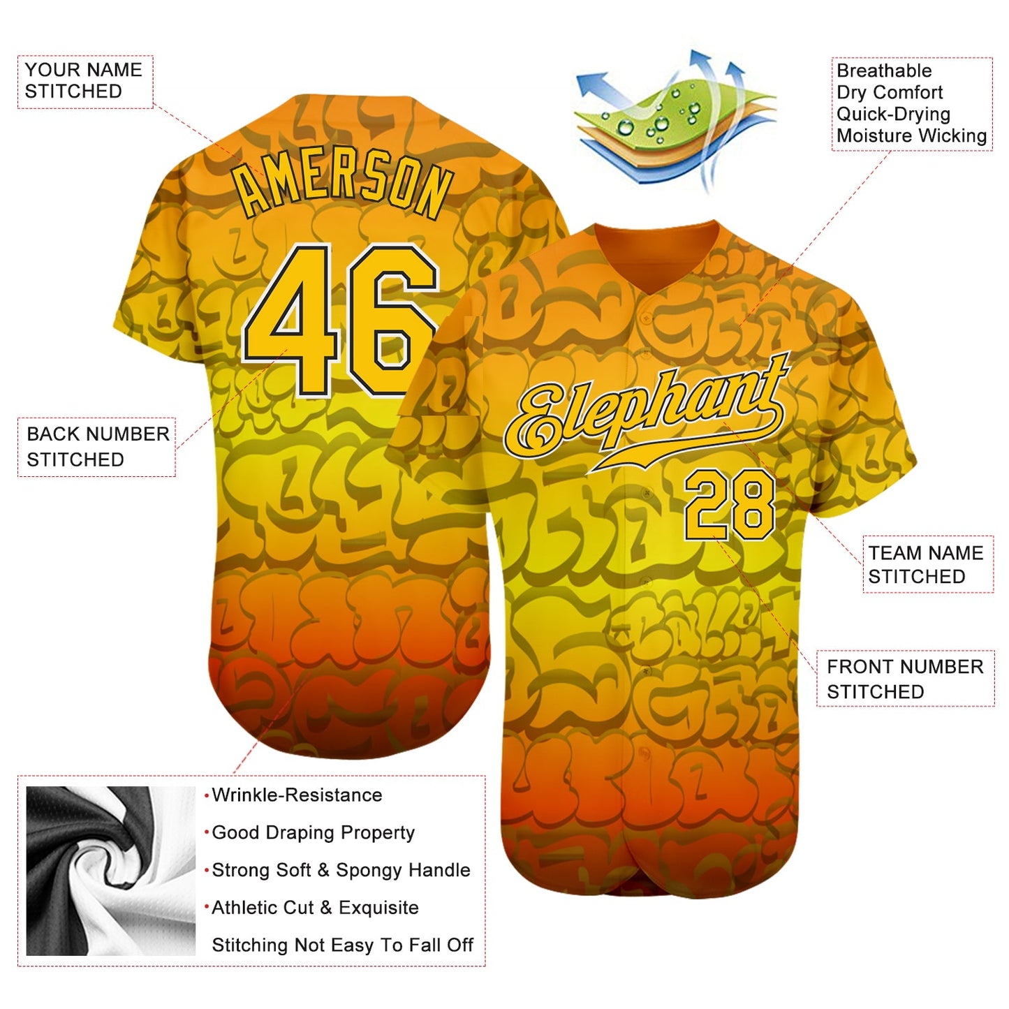 Custom Graffiti Pattern Gold-Black 3D Authentic Baseball Jersey - Sky-Custom