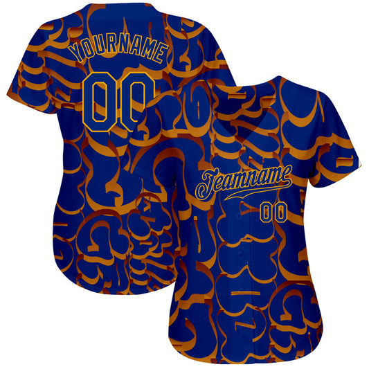 Custom Graffiti Pattern Royal-Gold 3D Authentic Baseball Jersey - Sky-Custom