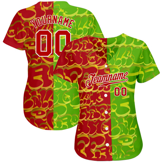 Custom Graffiti Pattern Red-Green 3D Authentic Baseball Jersey - Sky-Custom