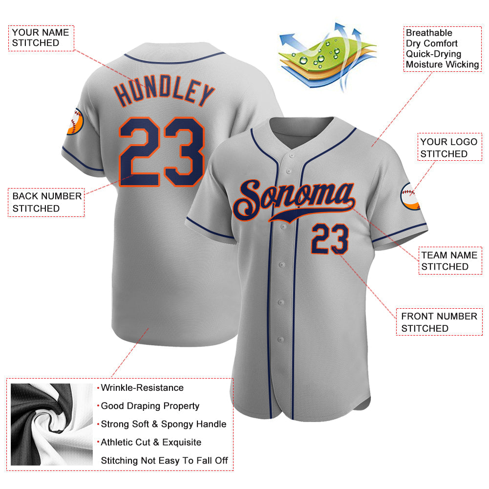 Custom Gray Navy-Orange Authentic Baseball Jersey - Sky-Custom
