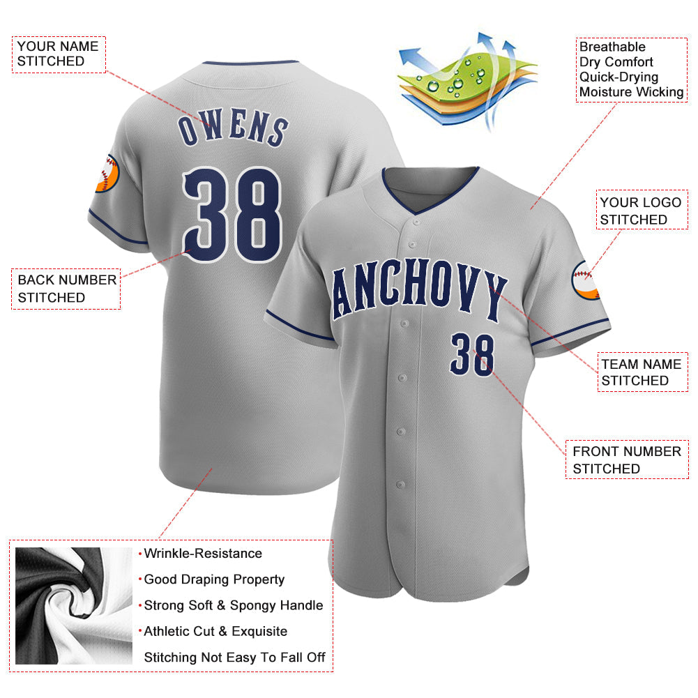 Custom Gray Navy-White Authentic Baseball Jersey - Sky-Custom