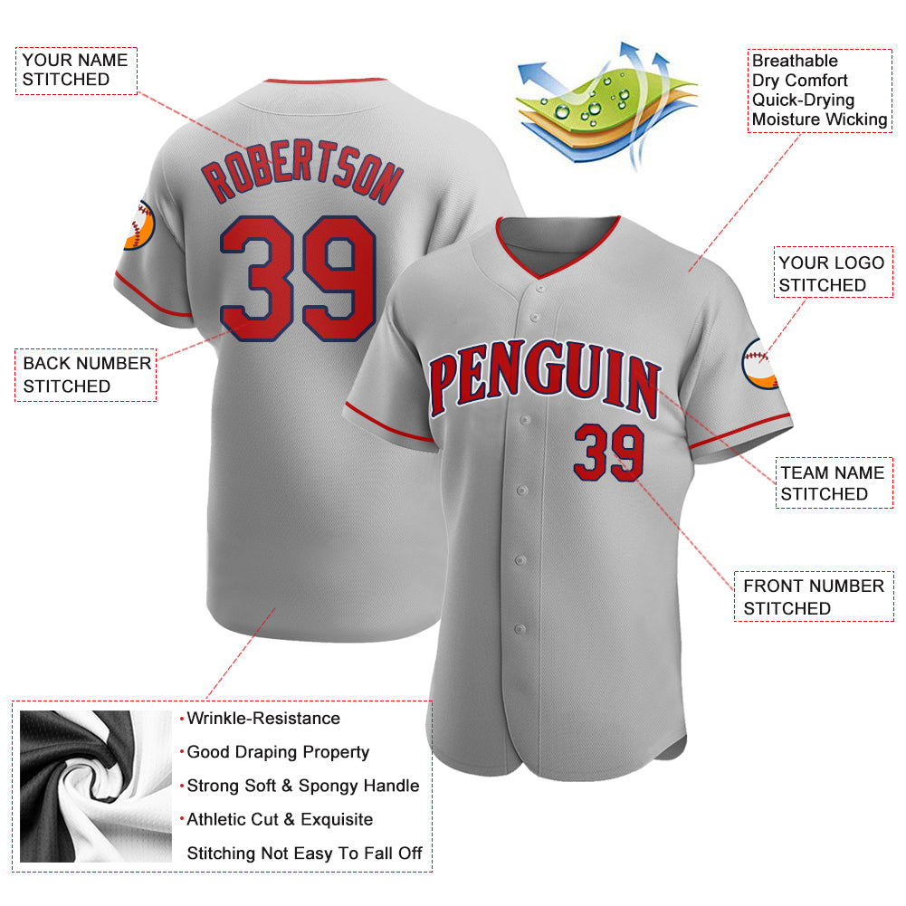 Custom Gray Red-Navy Authentic Baseball Jersey - Sky-Custom