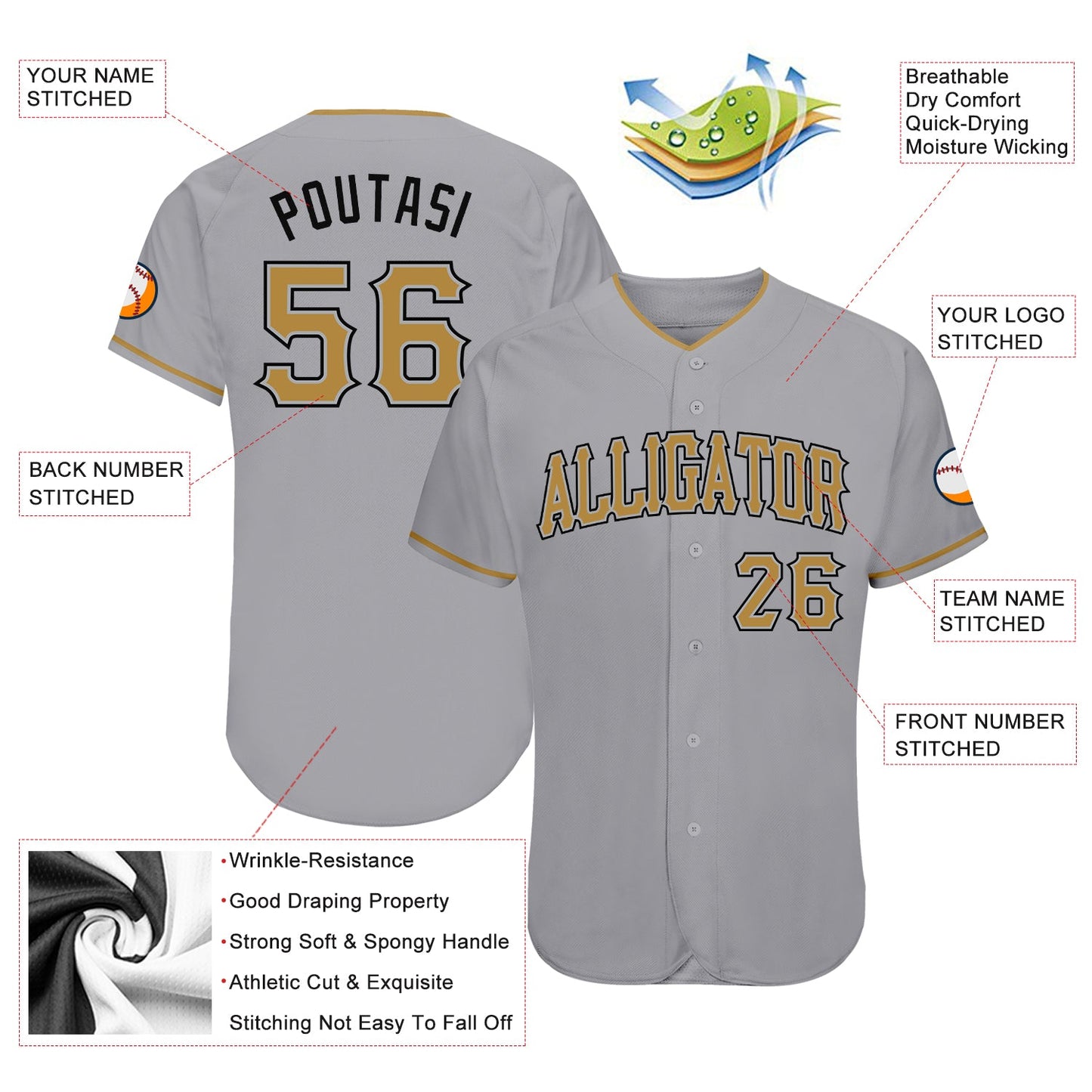 Custom Gray Old Gold-Black Authentic Baseball Jersey - Sky-Custom