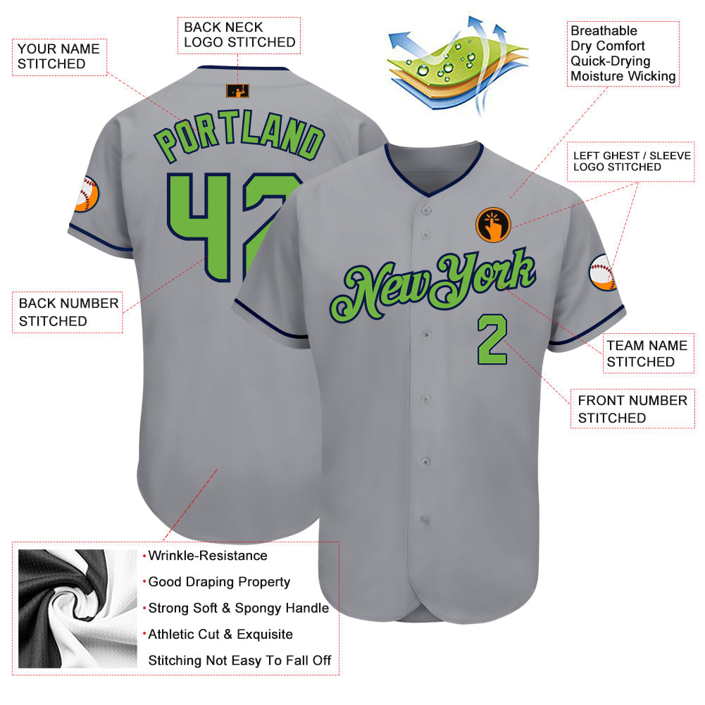 Custom Gray Neon Green-Navy Authentic Baseball Jersey - Sky-Custom