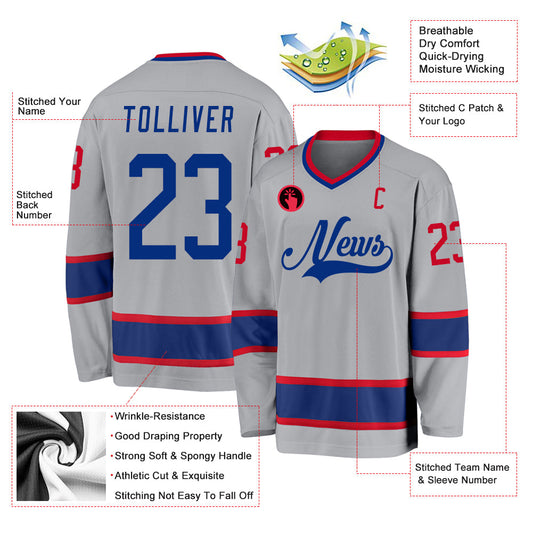 Custom Gray Royal-Red Hockey Jersey - Sky-Custom