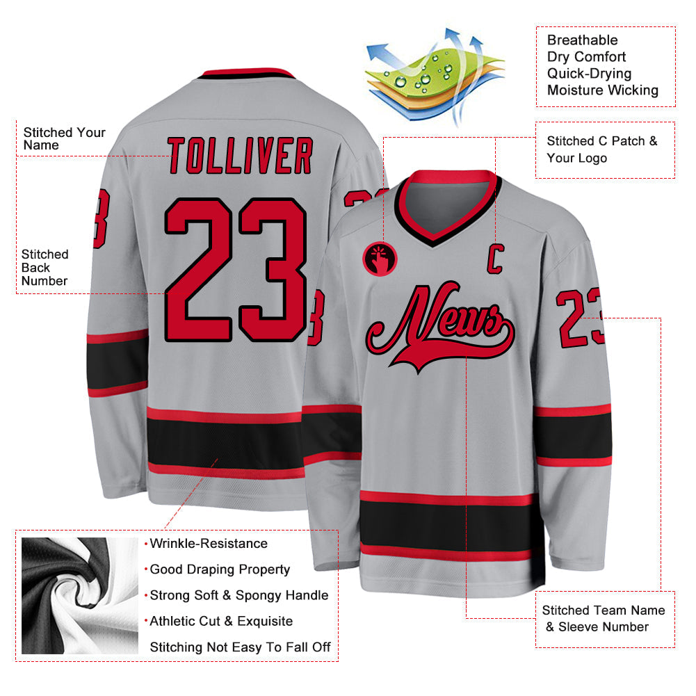 Custom Gray Red-Black Hockey Jersey - Sky-Custom