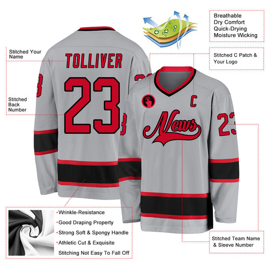 Custom Gray Red-Black Hockey Jersey - Sky-Custom
