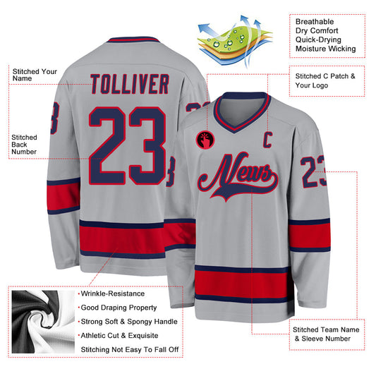 Custom Gray Navy-Red Hockey Jersey - Sky-Custom