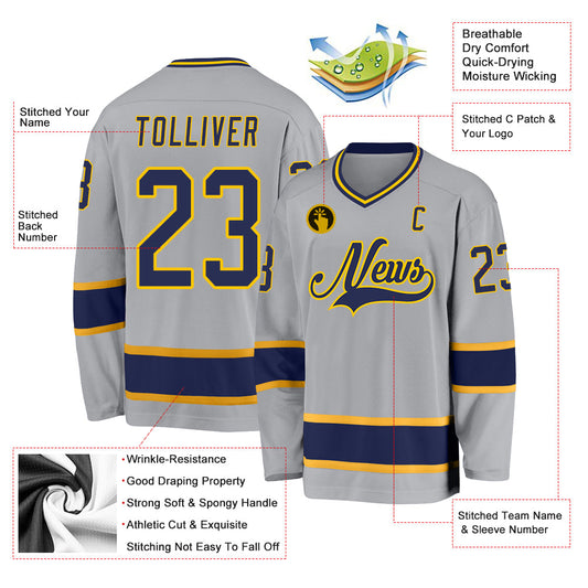 Custom Gray Navy-Gold Hockey Jersey - Sky-Custom