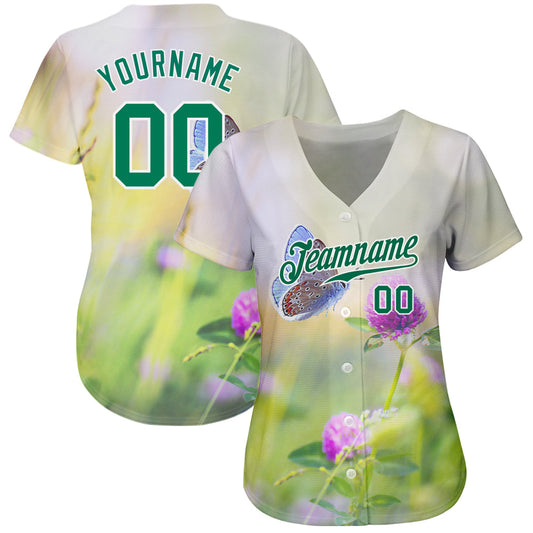 Custom Gray Kelly Green-White 3D Pattern Design Flowers And Butterfly Authentic Baseball Jersey - Sky-Custom