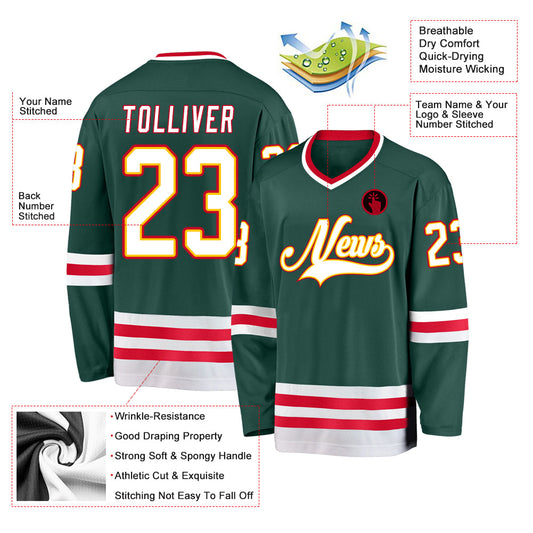 Custom Green White-Red Hockey Jersey - Sky-Custom