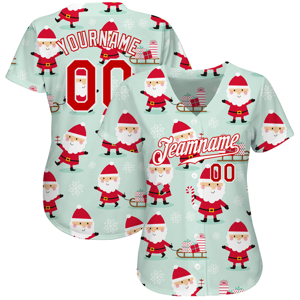 Custom Green Red-White Christmas 3D Authentic Baseball Jersey - Sky-Custom