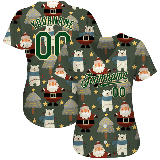Custom Green Green-Cream Christmas 3D Authentic Baseball Jersey - Sky-Custom