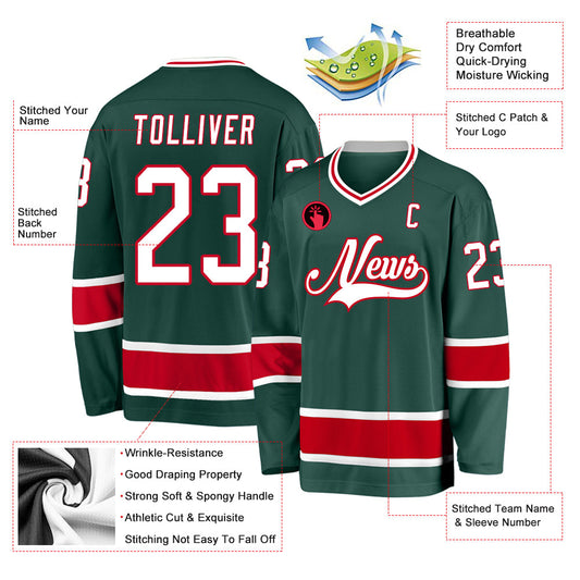 Custom Green White-Red Hockey Jersey - Sky-Custom