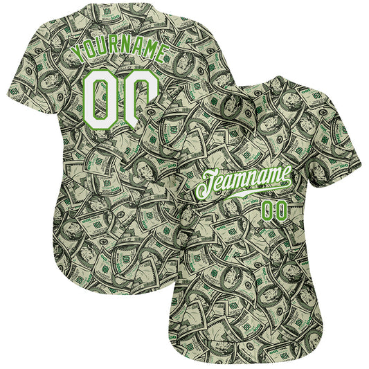 Custom Green White-Neon Green 3D Pattern Design Dollar Authentic Baseball Jersey - Sky-Custom