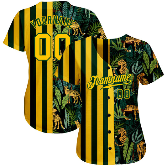 Custom Green Gold-Black 3D Pattern Design Leopards And Tropical Palm Leaves Authentic Baseball Jersey - Sky-Custom